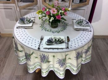 Nappe provençale Lauris, lavande/olives écru ou jaune, centrée, ronde, 100% coton et coton enduit anti-taches