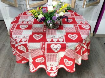 Montagne Praloup Patchwork, édelweiss et coeurs, rouge-beige, ronde, réversible, polycoton jacquard