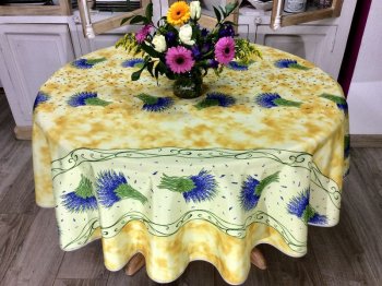 Nappe provençale, Bouquets de lavande, jaune marbré, double bordure, ronde Ø180 cm , 100% polyester anti-taches