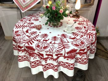 Nappe Alpage, montagne, cerfs, vaches, écureuils, arbres, cœurs, rouge, marron ou vert, sur fond crème, ronde, 100% coton natté