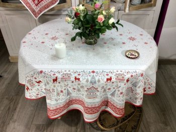 Nappe Cervin Montagne double bordure, chalets, sapins, rennes, flocons de neige, sur un fond blanc, ronde Ø 160 cm, 100% coton