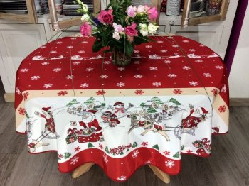 Nappe Père Noël, traineau et flocons de neige, rouge-blanc, ronde Ø 160 cm, 100% polyester anti-taches