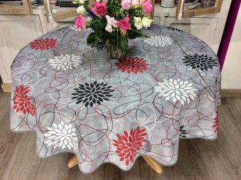 Nappe Rosaces, blanc, rouge, noir, sur un fond gris, ronde Ø160 cm, 100% polyester anti-taches