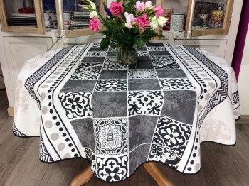 Nappe Carreaux de ciment double bordure, beige, gris et noir, ronde Ø160 cm, 100% polyester anti-taches