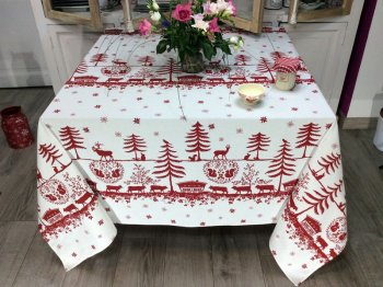 Nappe Montagne Edelweiss, coeurs, chalets, sapins, vaches, écureuils rouge, sur un fond blanc, carrée 140x140 cm, 100% coton natté