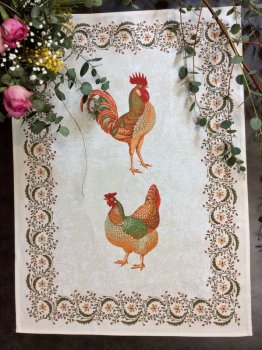 Torchon Coq et poule, sur fond écru, rectangulaire, 50x70 cm, 100% coton 