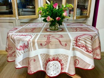 Nappe Abécédaire, carreaux, rouge-beige, ronde Ø160 cm, 100% polyester anti-taches