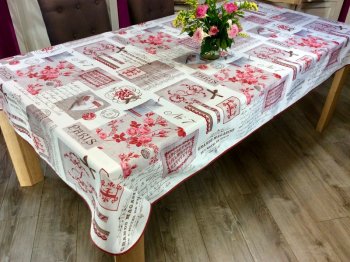Nappe Paris patchwork, fleurs, coeurs, abécédaire, rouge, gris, blanc, rectangulaire 150x240 cm, 100% polyester anti-taches