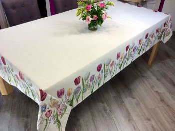 Nappe Florale, Tulipes, fleurs d'ail et lavande, fond beige, rectangulaire 160x250 cm, polycoton Jacquard