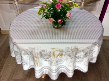 Nappe Coqs, poules, blé, vichy rouge ou vichy beige, ronde Ø 160 cm, 100% polyester anti-taches