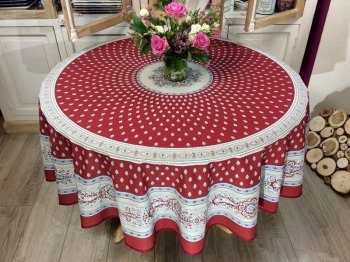 Nappe provençale Bastide, Bouquets de fleurs, centrée, bleu-blanc, rouge, bleu ou turquoise, ronde Ø 180 cm, 100% coton et 100% coton enduit anti-taches
