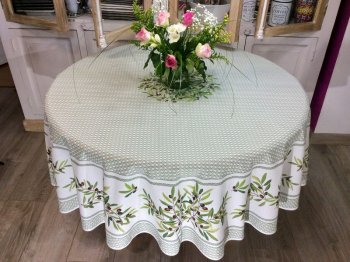 Nappe provençale Nyons, bouquets et couronne d'olives, centrée, vert ou beige, ronde, 100% coton