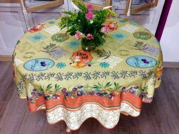 Nappe provençale, Olives et éventails oranges, vert anis, blanc, ronde Ø160 cm, 100% polyester anti-taches