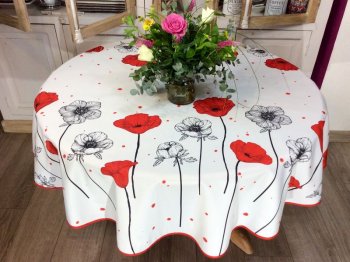 Nappe provençale Tiges de coquelicots, sur un fond blanc, Ø 180 cm, 100% polyester anti-taches