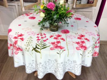 Nappe Fleurs d'ail, rose ou bleu, sur fond blanc, ronde Ø160 cm, 100% polyester anti-taches