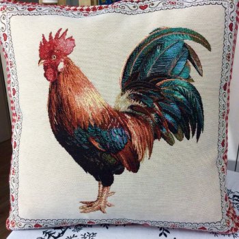 Housse de coussin, Coq Français, beige, rouge, bleu, carrée 45x45 cm, polycoton jacquard