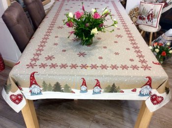 Nappe d'hiver, Lutins sur la neige, centrée, fond bleu ou beige, rectangulaire, polycoton jacquard