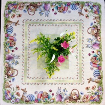 Nappe de Pâques fleurie, Lapins et oeufs, centrée sur fond beige, carrée 100x100 cm, polycoton jacquard