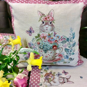 Housse de coussin, Lapins de Pâques, rose, carrée 45x45 cm, polycoton jacquard