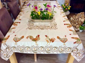 Nappe Coqs et poules, Chanteclair centré, écru-vert, rectangulaire, 150x300 cm polycoton Jacquard réversible