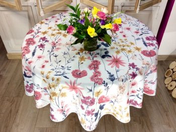 Nappe Fleurs champêtres, sur un fond blanc, ronde Ø 180 cm, 100% polyester anti-taches