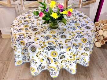 Nappe Inspiration indienne, jaune sur un fond blanc, ronde Ø 180 cm, 100% polyester anti-taches