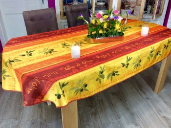 Nappe provençale Huile d'olive, orange -jaune, ovale 150x240 cm, 100% polyester anti-taches