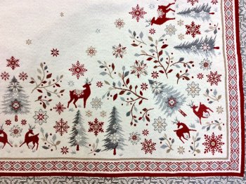 Nappe Montagne Vallée, rennes, sapins, flocons, beige-rouge ou rouge-blanc, centrée et réversible, carrée 140x140 cm, polycoton jacquard