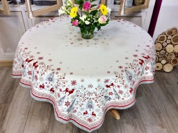 Nappe Montagne Vallée, rennes, sapins, flocons, beige-rouge ou écru-rouge-vert, centrée et réversible, carrée 145x145 cm, polycoton jacquard