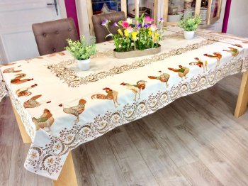 Nappe Coqs et poules, Chanteclair centré, écru-vert, rectangulaire, 150x300 cm polycoton Jacquard réversible