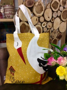 Sac Cigogne Alsace, maison à colombages, fond jaune, 38x42 cm, 100% coton