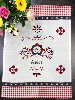 Torchon Alsace, fleurs, vichy rouge, noir, fond ecru, carreaux, rectangulaire 50x70 cm, 100% coton 
