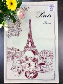 Torchon La Tour Eiffel, Paris, rouge, fond écru, rectangulaire 48x72 cm, 100% coton natté