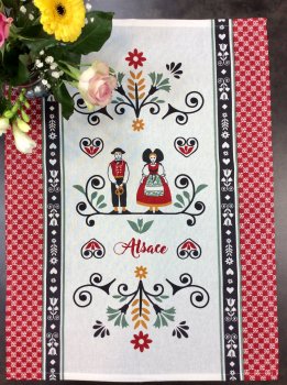 Torchon Alsaciens, fleuri, coeurs, rouge, blanc, noir, rectangulaire 50x70 cm, 100% coton