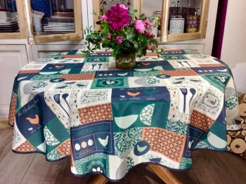 Nappe Poules et poussins, patchwork, carreaux, œufs, vert ou rouge, ronde Ø160 cm, 100% polyester anti-taches