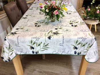 Nappe provençale Olives Provence-Alpes, sur fond blanc ou jaune, rectangulaire, 100% polyester anti-taches