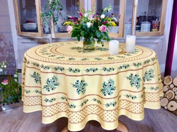 Nappe provençale, Olivou, jaune ou écru, placée, ronde Ø180 cm,  polyester anti-taches