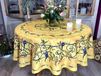 Nappe provençale centrée, Glycine jaune ou orange, ronde Ø180 cm, 100% polyester anti-taches