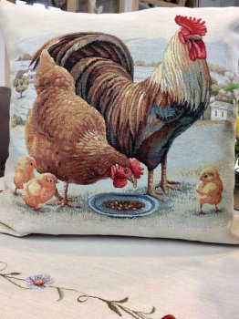 Housse de coussin, poussins, Maman poule, Papa coq, carrée 45x45 cm, polycoton jacquard