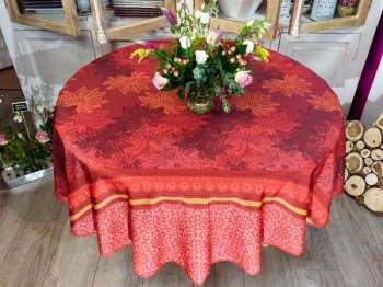 Nappe Bouquets de feuilles, double bordure, sur un fond rouge ou blanc, ronde Ø180 cm, 100% polyester anti-taches