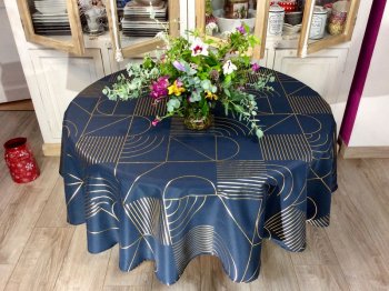 Nappe Traits géométriques dorés, sur fond bleu marine ou gris anthracite, ronde Ø180 cm, 100% polyester anti-taches