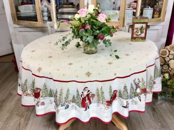 Nappe de Noël, Père Noël et son traineau rouge, étoiles dorées, cadeaux, sapins, centrée, ronde Ø 165 cm, polycoton jacquard