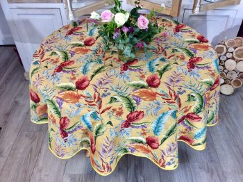 Nappe Feuilles multicolores, sur un fond jaune vénitien, ronde Ø 180 cm, polycoton Jacquard