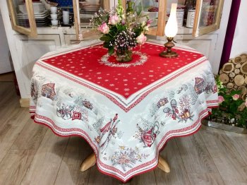 Nappe Montagne, Savoie, chalets, sapins, édelweiss, rouge ou grise, centrée, carrée 145x145 cm, polycoton jacquard