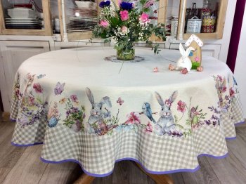 Nappe de Pâques-printemps fleurie, Lapins dans la lavande, vichy couleur lin, centrée sur fond beige, ronde Ø165 cm, polycoton jacquard