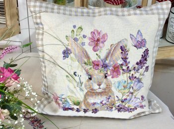 Housse de coussin, Lapins dans la lavande, vichy couleur lin, carrée ou rectangulaire, polycoton jacquard
