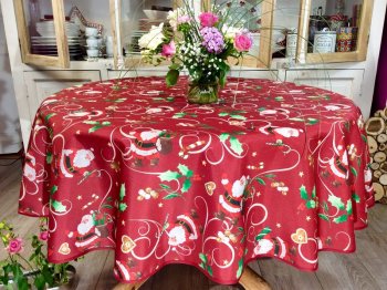Nappe Père Noël, bonhommes de neige, pain d’épices, coeurs, fond rouge ou blanc, ronde Ø180 cm, 100% polyester anti-taches