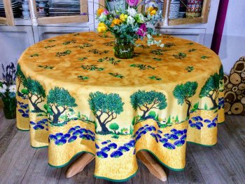 Nappe provençale, Oliviers, sur fond jaune ou bleu, ronde Ø180 cm, 100% polyester anti-taches