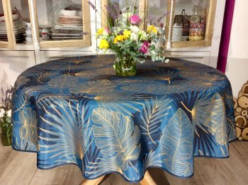Nappe, Linda, Feuillage, sur un fond bleu, ronde Ø 160 cm, 100% polyester anti-taches