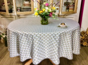 Nappe Eclats d'éventails stylisés, blanc, ronde Ø180 cm, 100% polyester anti-taches